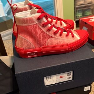 Dior Mens Red and White High-Top Sneakers